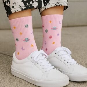 New Galaxy Glam Pink Planet Crew Socks Pastel Print Novelty Space Alien Cute